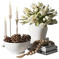Decorative Ornament Set With White Vase Tulips Candles Pine Cones Wooden Beads And Books