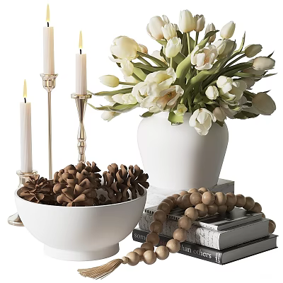 Decorative Ornament Set With White Vase Tulips Candles Pine Cones Wooden Beads And Books 3d model