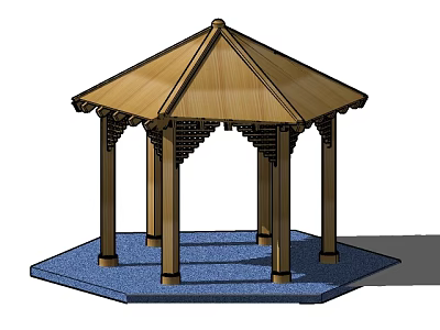 Traditional Wooden Pavilion With Hexagonal Roof Carved Pillars And Blue Base 3d model