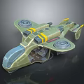 Futuristic Green Spacecraft With Yellow Accents Circular Thrusters And Transparent Cockpit