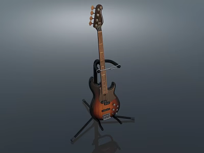 High Quality Brown Wooden Electric Bass Guitar On Tripod Stand For 3d model