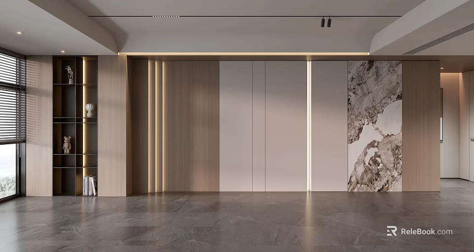 Modern Sofa Background Wall With Wooden Panels Stone Texture And Integrated Lighting 3d model 