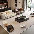 Modern Sofa and Coffee Table Set with Beige Brown Upholstery and Side Stools on Carpet
