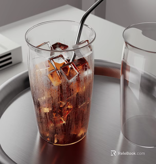 Refreshing Cold Brown Beverage with Ice Cubes in Glass and Empty Glass on Metal Tray 3d model 