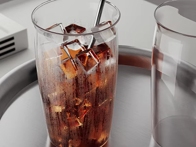 Refreshing Cold Brown Beverage with Ice Cubes in Glass and Empty Glass on Metal Tray 3d model