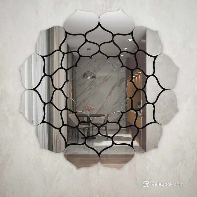 Decorative Petal Shaped Wall Mirror With Black Geometric Pattern For Modern Home 3d model 