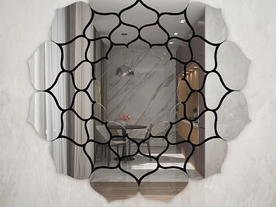 Decorative Petal Shaped Wall Mirror With Black Geometric Pattern For Modern Home 3d model