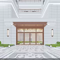 Elegant Modern Building Main Entrance Gate With Glass Doors Wooden Accents Wall Lamps And Geometric Paving