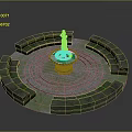 Circular Garden Fountain With Central Statue And Mossy Stone Ledges On Paved Ground