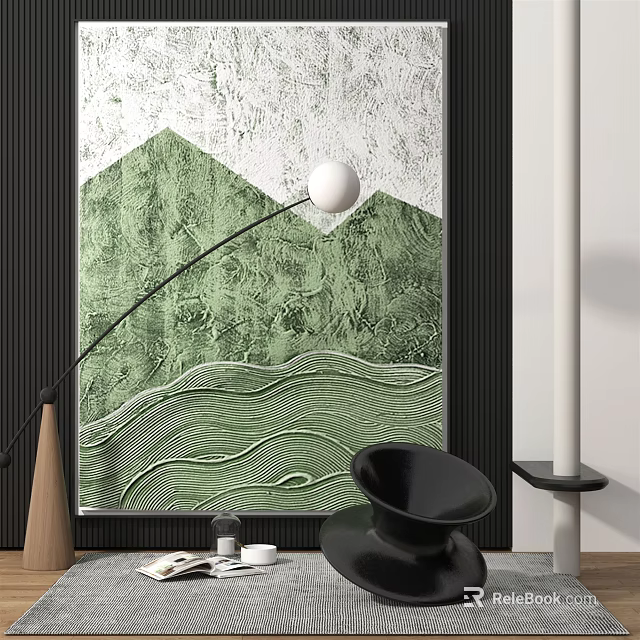 Abstract Painting With Green Mountain And White Wave Patterns In Modern Interior 3d model 