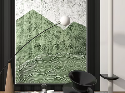 Abstract Painting With Green Mountain And White Wave Patterns In Modern Interior 3d model