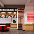Modern Restaurant Interior Design With Wooden Tables Hanging Lamps And Red Wall Decor