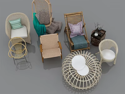 Stylish Outdoor Rattan Chairs Featuring Various Designs Pillows And Side Table 3d model