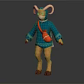 Anthropomorphic Goat Character In Blue Outfit With Red Bag And Curved Horns