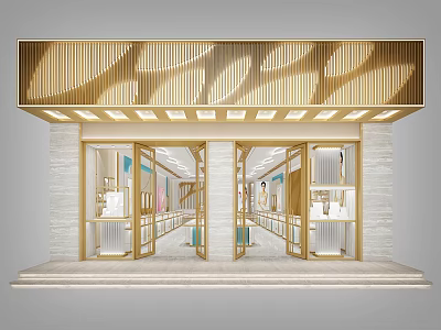 Elegant Jewelry Store Exterior Featuring Golden Lattice Glass Display Windows And Stone Walls 3d model