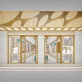 Elegant Jewelry Store Exterior Featuring Golden Lattice Glass Display Windows And Stone Walls