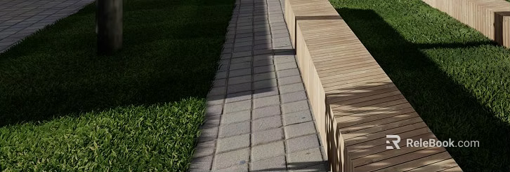 Wooden Landscape Benches Along Paved Path With Green Grass And Tree Shade 3d model 