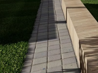 Wooden Landscape Benches Along Paved Path With Green Grass And Tree Shade 3d model