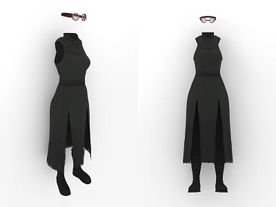 Stylish Black Sleeveless High Neck Dress With Belt Split Hem And Long Boots Glasses 3d model