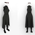 Stylish Black Sleeveless High Neck Dress With Belt Split Hem And Long Boots Glasses