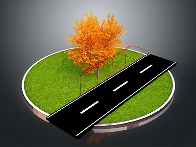 Outdoor Landscape Design With Green Lawn Orange Tree Black Road And Red Fence 3d model