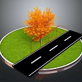 Outdoor Landscape Design With Green Lawn Orange Tree Black Road And Red Fence