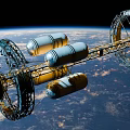 Space Station Structure With Circular Rings And Cylindrical Modules Orbiting Earth 3d model