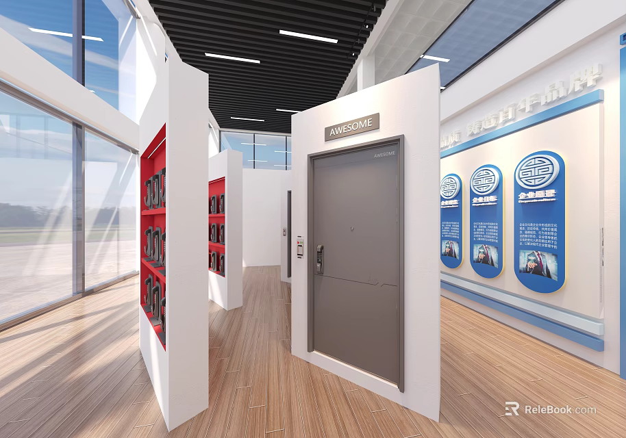 Modern Exhibition Hall Interior With Gray Door White Display Shelves Red Items And Blue Boards 3d model 