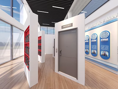 Modern Exhibition Hall Interior With Gray Door White Display Shelves Red Items And Blue Boards 3d model