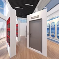 Modern Exhibition Hall Interior With Gray Door White Display Shelves Red Items And Blue Boards