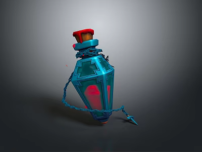 Blue Decorative Lantern With Red Top Chain And Red Light Inside For Daily Use 3d model