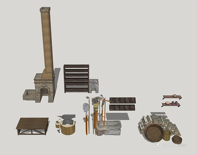 Industrial Equipment Collection Featuring Chimney Shelves Pipes Wooden Barrels And Stone Structures 3d model 
