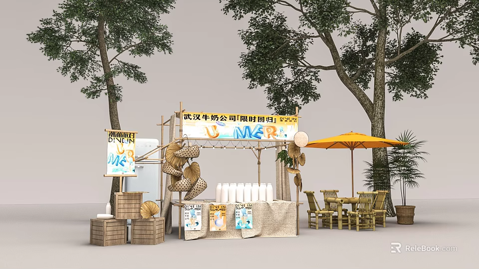 Modern Automobile Company Promotion Booth With Posters Tables Chairs And Yellow Umbrella 3d model 