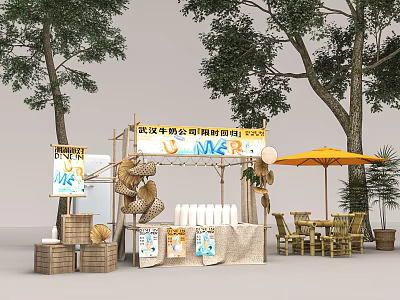 Modern Automobile Company Promotion Booth With Posters Tables Chairs And Yellow Umbrella 3d model