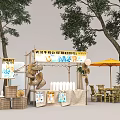 Modern Automobile Company Promotion Booth With Posters Tables Chairs And Yellow Umbrella