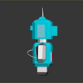 Blue 3D Robot Model With Spiked Head Square Body Green Eyes And Dark Background