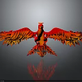 Red Phoenix Spreading Wings With Orange Gradient Feathers Against Gray Background Showing Reflection 3d model