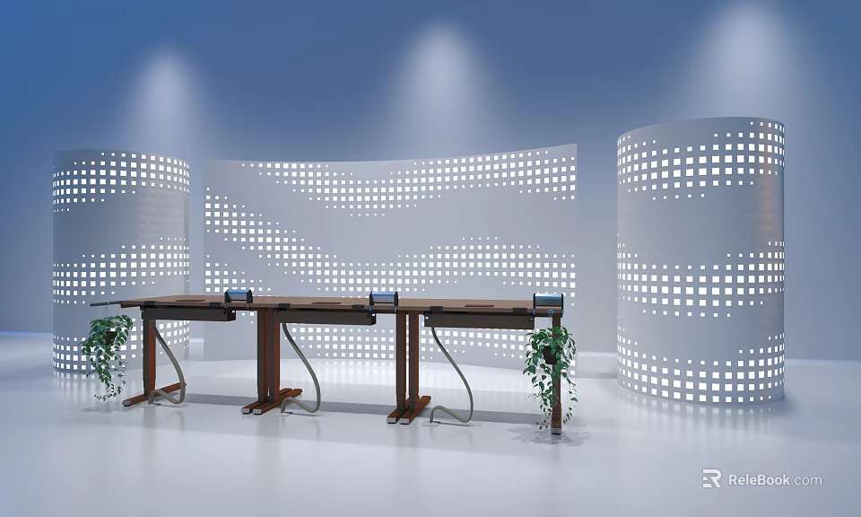 Modern Office Desk With Wooden Surface Perforated Wall And Green Plants 3d model 