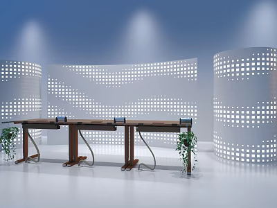 Modern Office Desk With Wooden Surface Perforated Wall And Green Plants 3d model