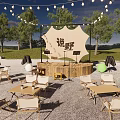 Outdoor Camping Campsite With String Lights Tables Chairs Stage And Trees 3d model
