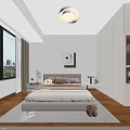 Modern Bedroom Interior With Cozy Bed Wooden Floor Large Window Curtains And Round Ceiling Light