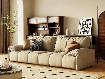 Cozy Beige Sofa In Living Room With Wooden Shelves And Artwork 3d model