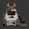 Cute Blue And White Robot With Orange Horns Holding Mop And Vacuum Cleaning Tools