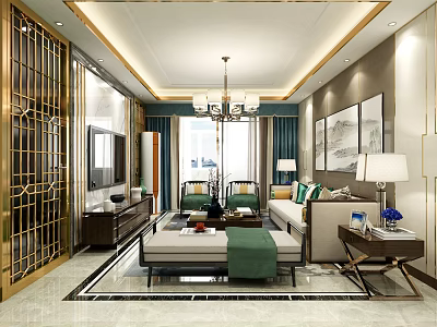 Modern Chinese Living Room Interior With Chandelier Sofa Coffee Table And Decorative Paintings 3d model
