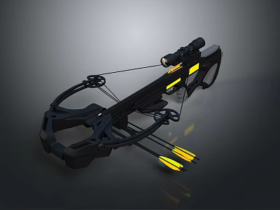 Modern Black Crossbow Weapon Featuring Yellow Accents Attached Scope And Arrows 3d model