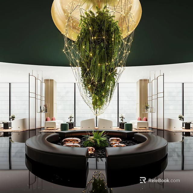 Modern Luxury Lounge Area With Circular Pool Greenery Chandelier Sofas And Floor To Ceiling Windows 3d model 