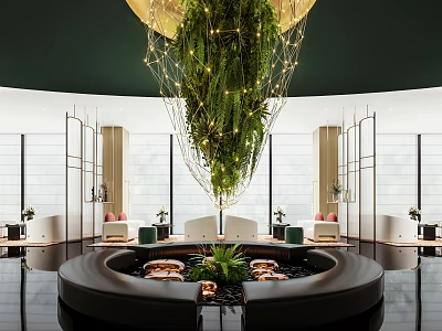 Modern Luxury Lounge Area With Circular Pool Greenery Chandelier Sofas And Floor To Ceiling Windows 3d model