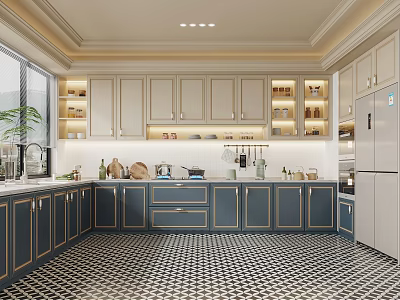 Elegant Modern Kitchen Interior With Blue Gray Cabinets Black White Checkered Floor And Natural Light 3d model