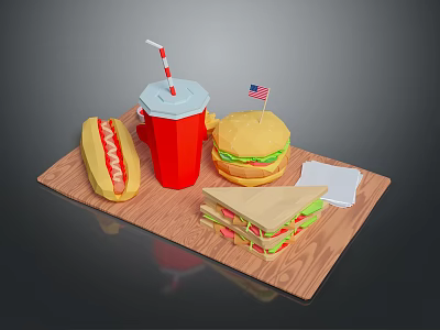 Appetizing Fast Food Platter With Hotdog Burger Sandwich And Soda On Wooden Board 3d model