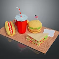 Appetizing Fast Food Platter With Hotdog Burger Sandwich And Soda On Wooden Board
